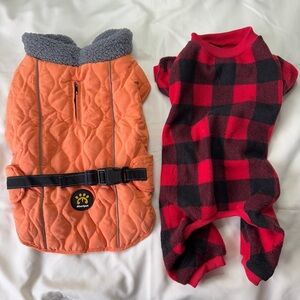 Orange Quilted Dog Coat and Red Plaid Dog Onesie